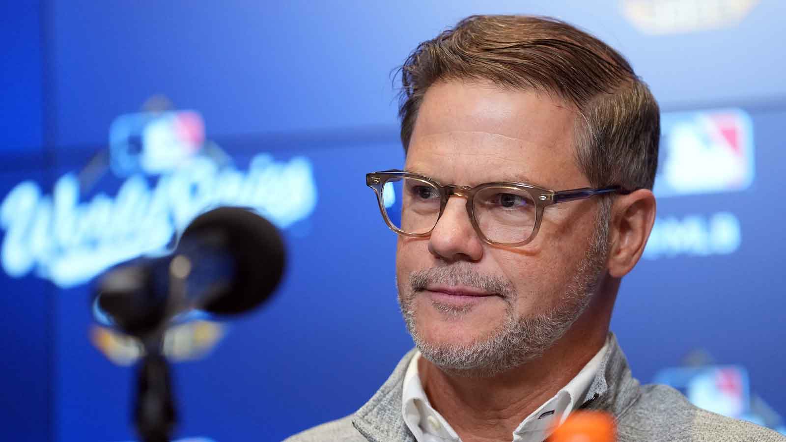 Toronto Blue Jays executive vice president and general manager Ross Atkins speaks to the media before game one of the 2025 MLB World Series against the Los Angeles Dodgers at Rogers Centre.