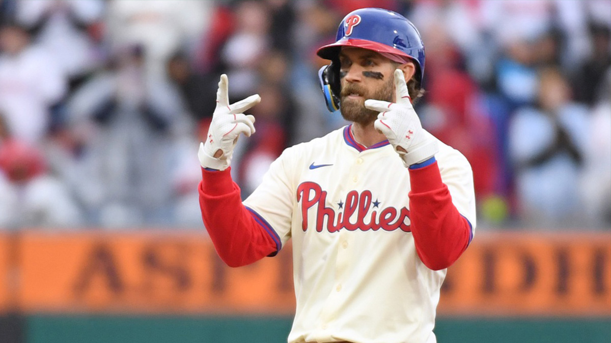 Philadelphia Phillies first base Bryce Harper (3) reacts after hitting a double during the seventh inning against the Los Angeles Dodgers at Citizens Bank Park.