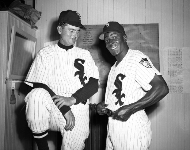 Chicago White Sox manager Paul Richards, left, with Orestes "Minnie" Minoso, right, in an undated photo. (Chicago Tribune historical photo)