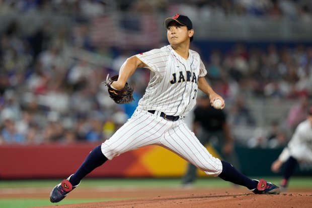 Japan's Shota Imanaga pitches against the United States in the World Baseball Classic championship game March 21, 2023, in Miami. (Wilfredo Lee/AP)
