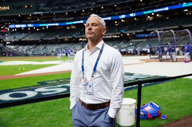 Cubs President Jed Hoyer walks near the field before the Cubs play the Milwaukee Brewers in Game 5 of the NL Division Series at American Family Field Saturday Oct. 11, 2025, in Milwaukee. (Armando L. Sanchez/Chicago Tribune)