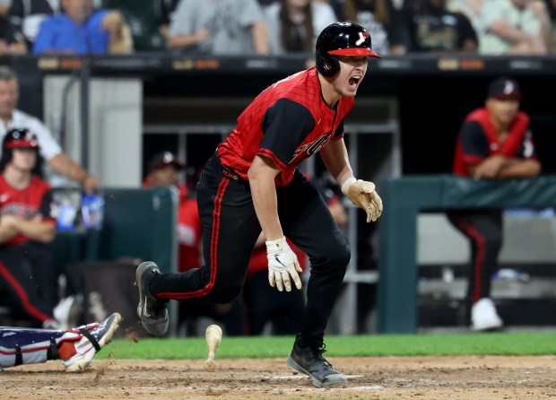 Chicago White Sox catcher Kyle Teel reacts as he drives in a run on a single in the eighth inning of a game against the Minnesota Twins at Rate Field in Chicago on Aug. 22, 2025. (Chris Sweda/Chicago Tribune)