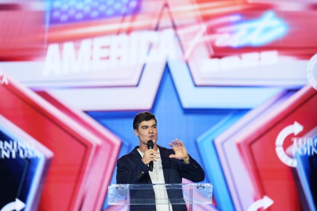 Cubs third baseman Matt Shaw speaks during Turning Point USA's AmericaFest 2025 on Friday, Dec. 19, 2025, in Phoenix. (Ross D. Franklin/AP)