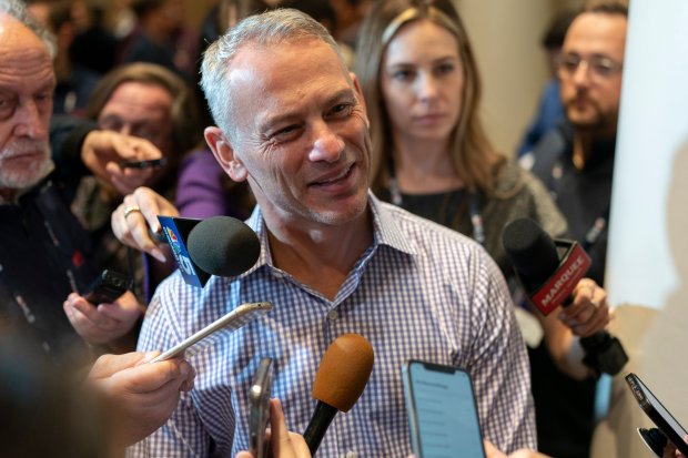 Chicago Cubs president of baseball operations Jed Hoyer responds to questions during the Major League Baseball winter meetings Tuesday, Dec. 5, 2023, in Nashville, Tenn. (AP Photo/George Walker IV)