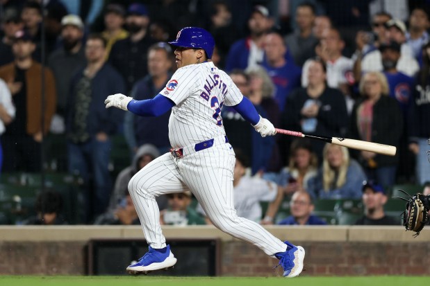 Chicago Cubs designated hitting Moisés Ballesteros (25) grounds into a force out during the ninth inning against the Miami Marlins at Wrigley Field Tuesday May 13, 2025, in Chicago. (Armando L. Sanchez/Chicago Tribune)
