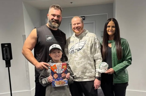 The Thompson family Jason, Melissa and J.J. won the 50/50 drawing at a Philadelphia Eagles game and got to meet former star player Jason Kelce. (Courtesy of the Thompson family)