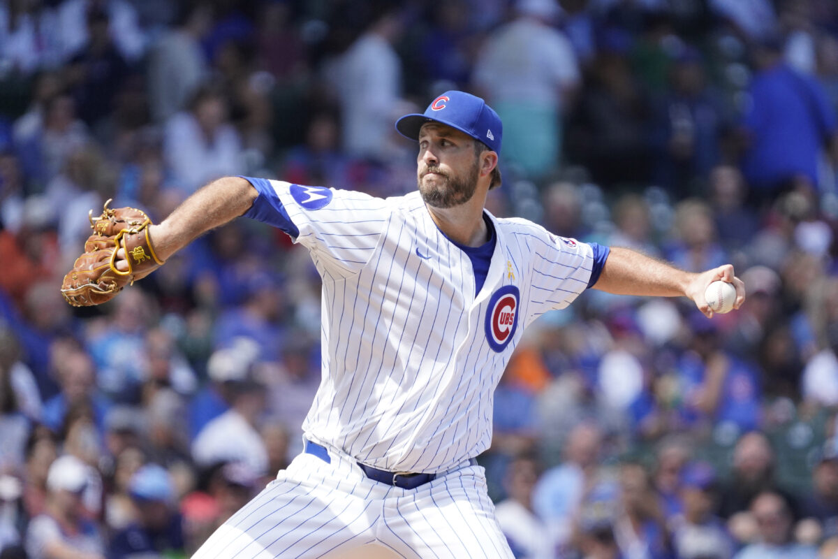 Sep 7, 2025; Chicago, Illinois, USA; Chicago Cubs pitcher Drew Pomeranz (45) throws the ball against the Washington Nationals during the first inning at Wrigley Field.