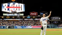 LOS ANGELES, CALIFORNIA - JULY 02:  Clayton Kershaw #22 of the Los Angeles Dodgers celebrates after striking out Vinny Capra #41 of the Chicago White Sox during the sixth inning to record his 3,000th career strikeout at Dodger Stadium on July 02, 2025 in Los Angeles, California. (Photo by Ronald Martinez/Getty Images)