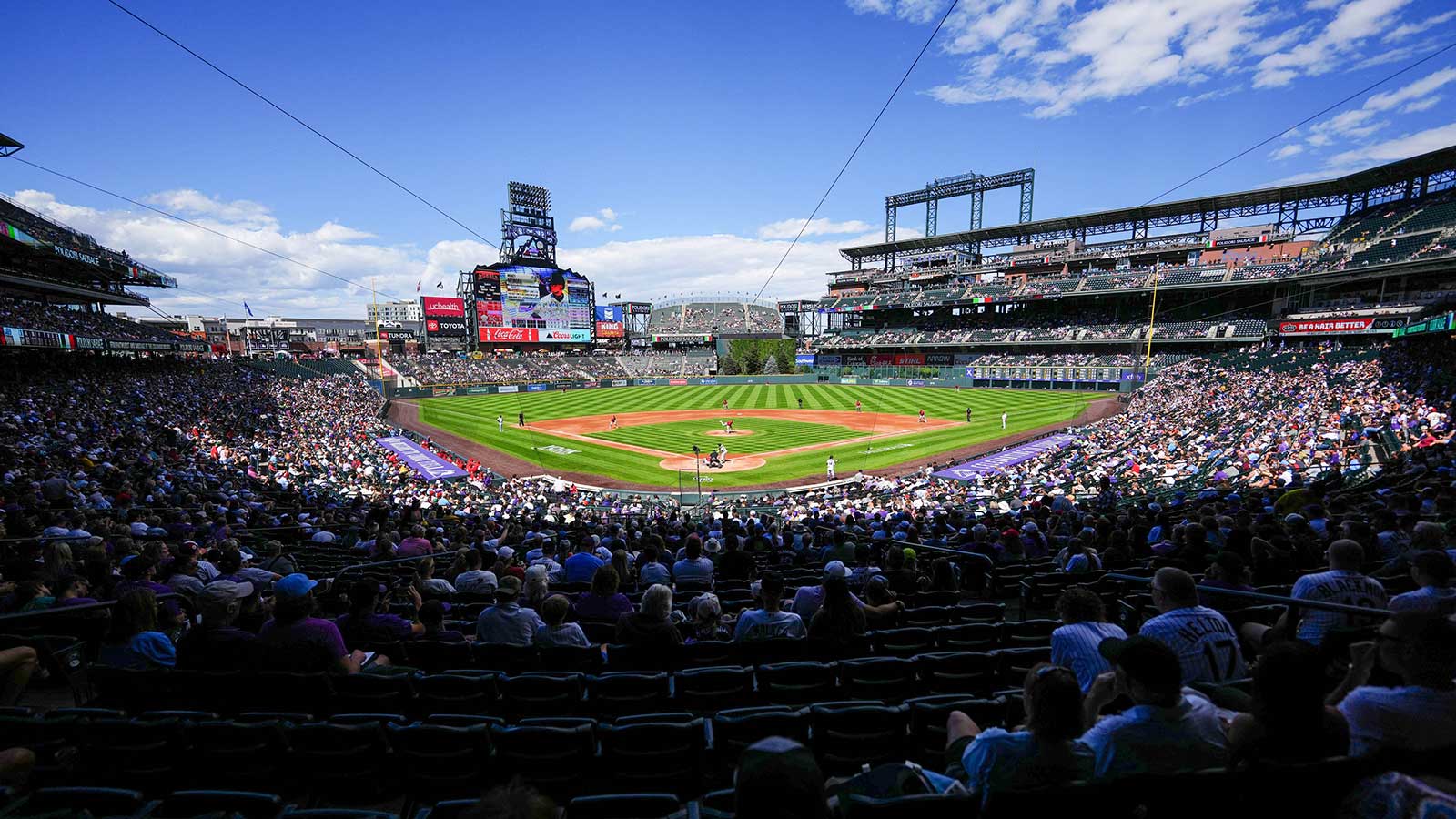 General wide angle view of Coors Field during the game between the Los Angeles Angels against the Colorado Rockies. 