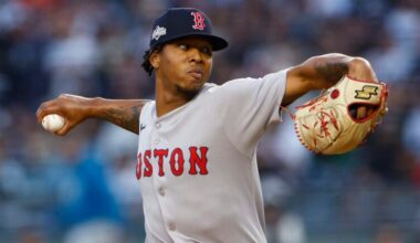Boston Red Sox starting pitcher Brayan Bello (66) pitches during the first inning of Game 2 of the Wild Card playoff series at Yankee Stadium on Oct. 1, 2025, in New York.