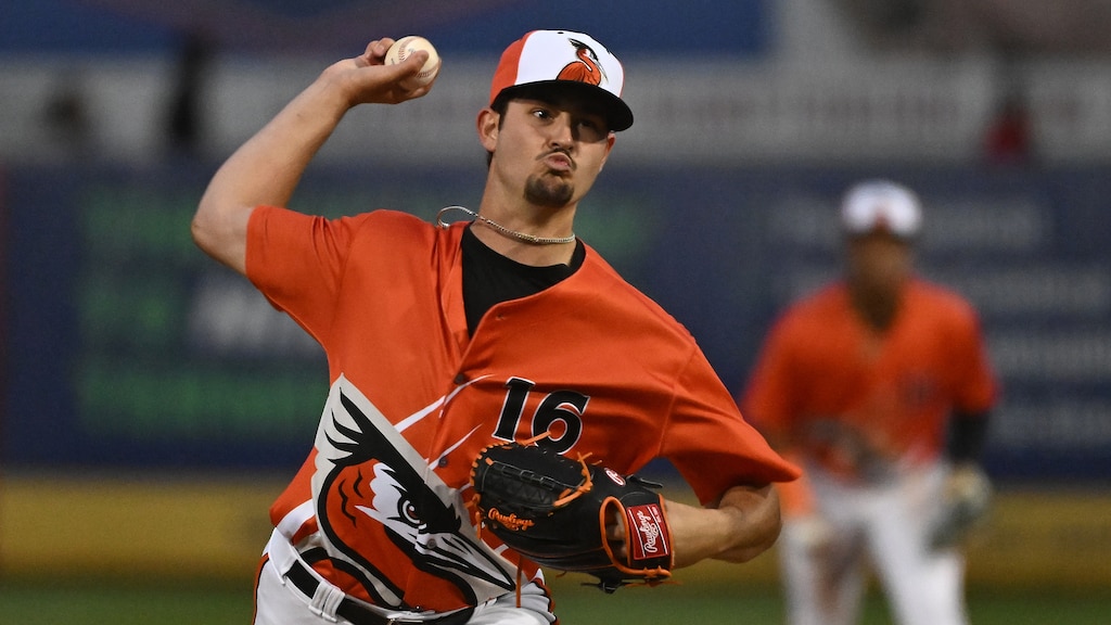 Michael Forret pitches as a member of the Delmarva Shorebirds.