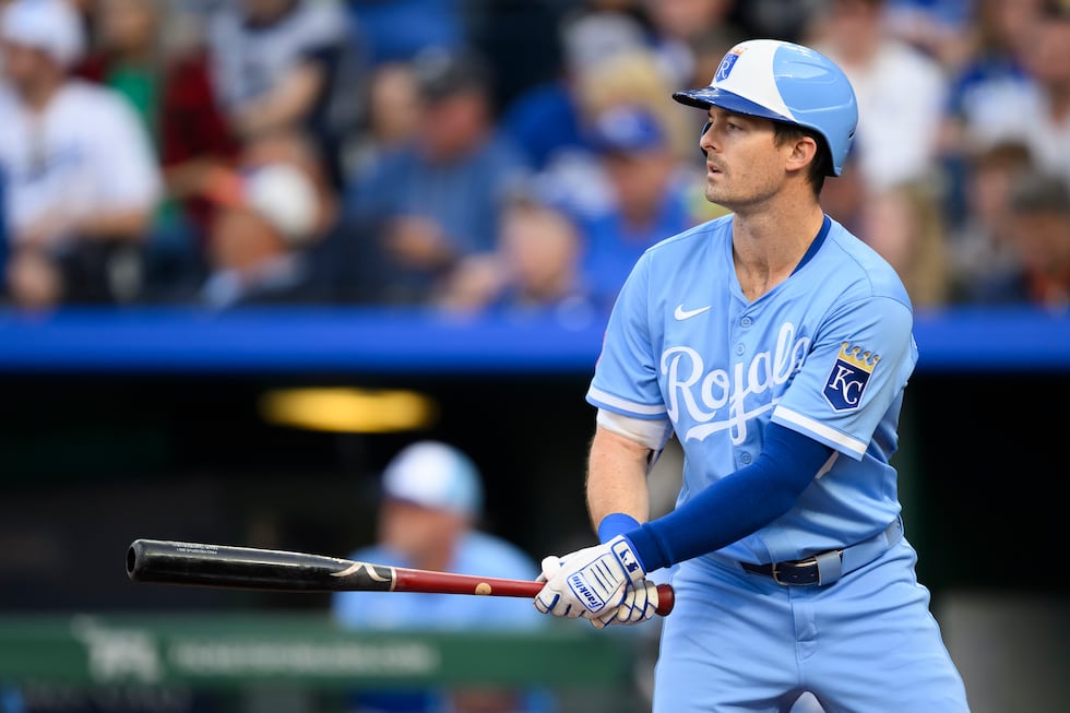 Kansas City Royals left fielder Mike Yastrzemski prepares to bat against the Minnesota Twins...