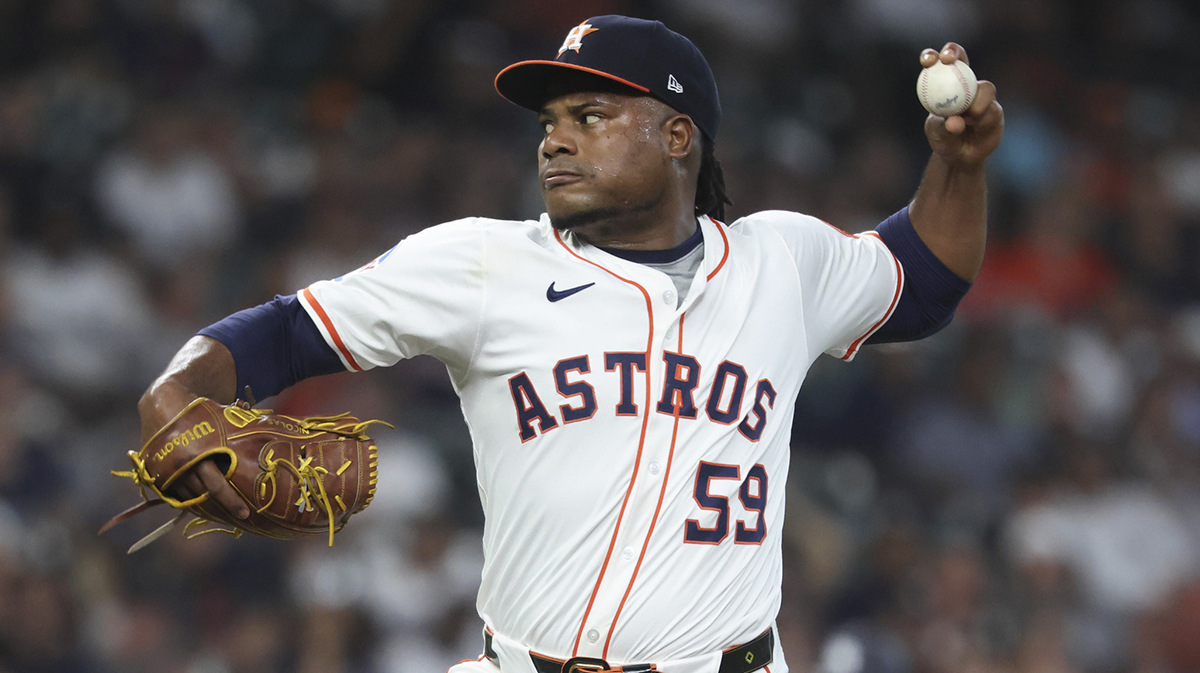 Houston Astros starting pitcher Framber Valdez (59) delivers a pitch during the first inning against the New York Yankees at Daikin Park.