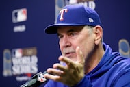 Texas Rangers manager Bruce Bochy during a press conference before Game 4 of the World...