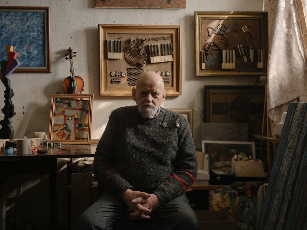 Igor Antonovich Bozhko poses for a portrait in the studio he shares with his son Sergey Igorevich Bozhko, in Odesa, Ukraine, on February 24, 2025.