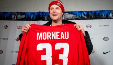 Canadian baseball legend and former goalie Justin Morneau meets with world junior team