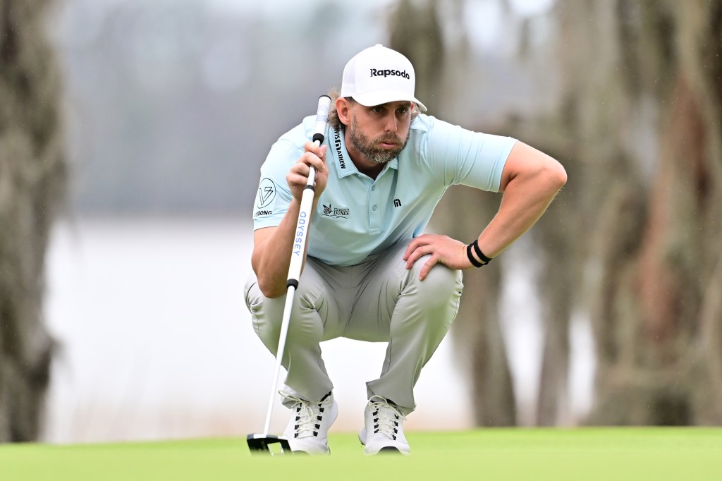 MLB player Jeff McNeil lines up a putt on the 18th green  during the third round of the Hilton Grand Vacations Tournament of Champions 2025 at Lake Nona Golf & Country Club on February 01, 2025 in Orlando, Florida.