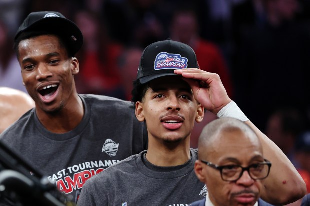 NEW YORK, NEW YORK - MARCH 15: RJ Luis Jr. #12 of the St. John's Red Storm celebrates after the second half of the championship game against the Creighton Bluejays during the Big East Men's Basketball Tournament at Madison Square Garden on March 15, 2025 in New York City. The Red Storm won 82-66. (Photo by Sarah Stier/Getty Images)