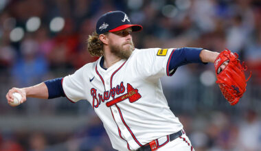 Pierce Johnson #38 of the Atlanta Braves interests Diamondbacks...