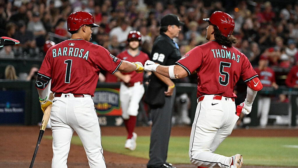 Alek Thomas #5 of the Arizona Diamondbacks...