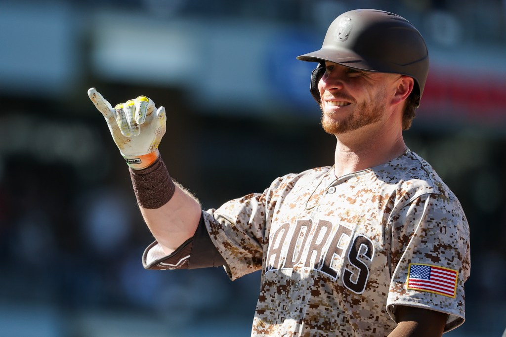 Ryan O'Hearn celebrates after a single during the eighth inning against the Arizona Diamondbacks at Petco Park on September 28, 2025 in San Diego, California.