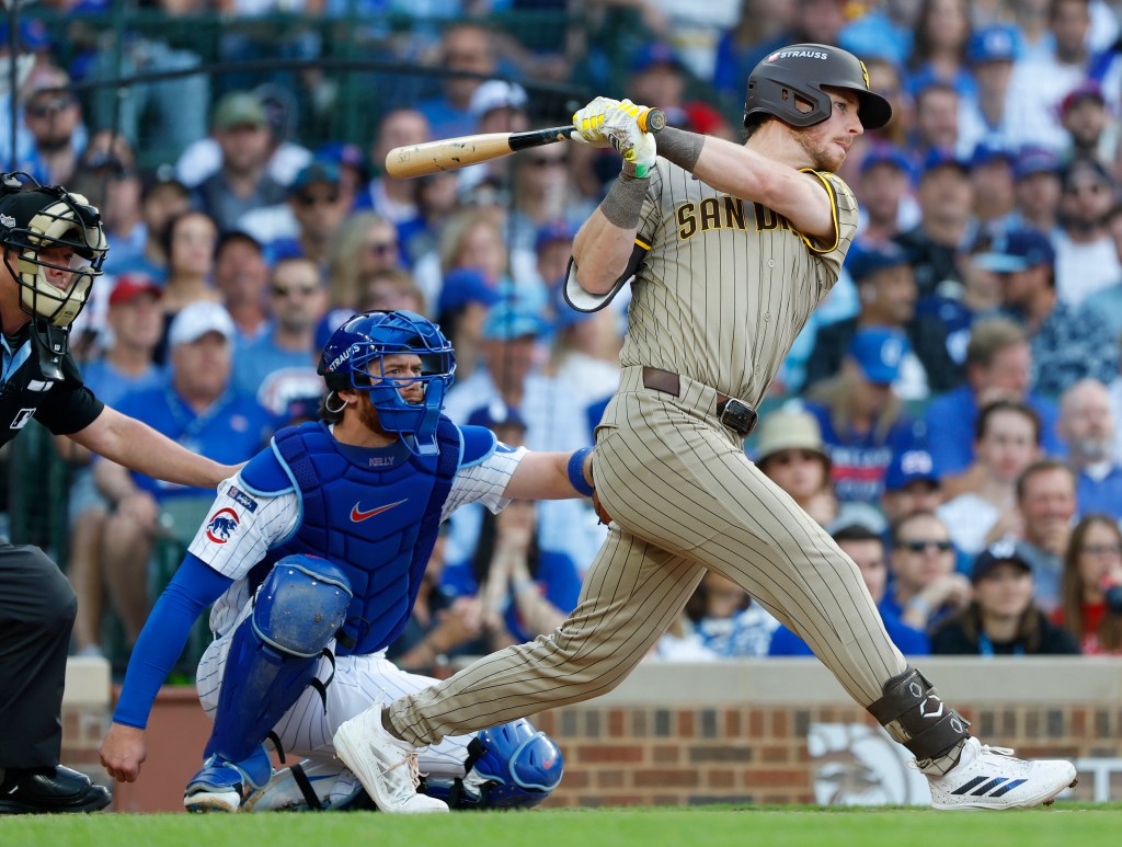 Ryan O'Hearn hits a single against the Chicago Cubs in Game 3 of the NL Wild Card Series at Wrigley Field on October 2, 2025 in Chicago, Illinois. 