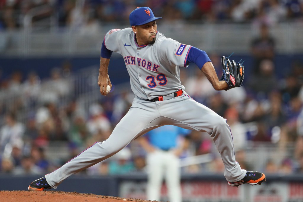 Edwin Diaz pitches against the Miami Marlins during the fifth inning at loanDepot park on September 28, 2025 in Miami, Florida. 