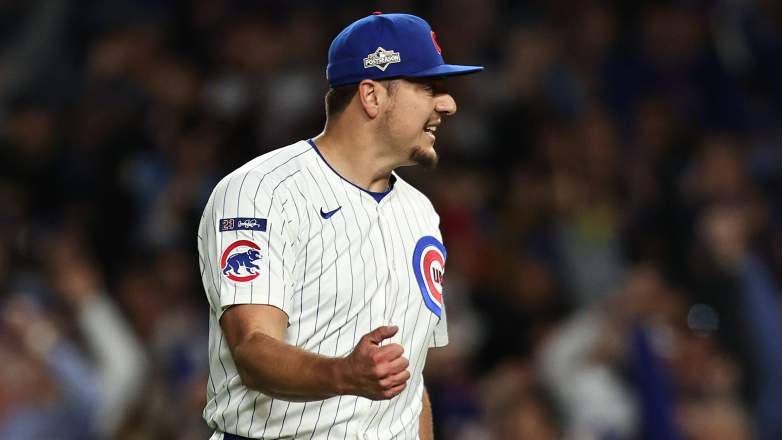 CHICAGO, ILLINOIS - OCTOBER 08: Brad Keller #40 of the Chicago Cubs celebrates after the final out in game three of the National League Division Series against the Milwaukee Brewers at Wrigley Field on October 08, 2025 in Chicago, Illinois. (Photo by Geoff Stellfox/Getty Images)