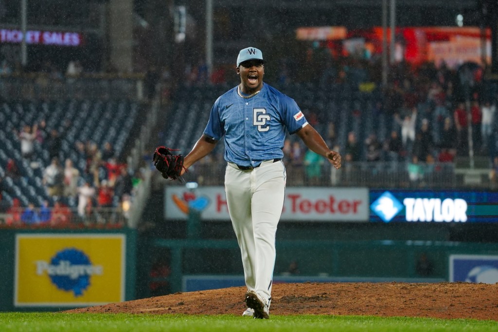 Jose A. Ferrer #47 of the Washington Nationals celebrates after defeating the Chicago White Sox during the game at Nationals Park on Saturday, September 27, 2025 in Washington, District of Columbia.
