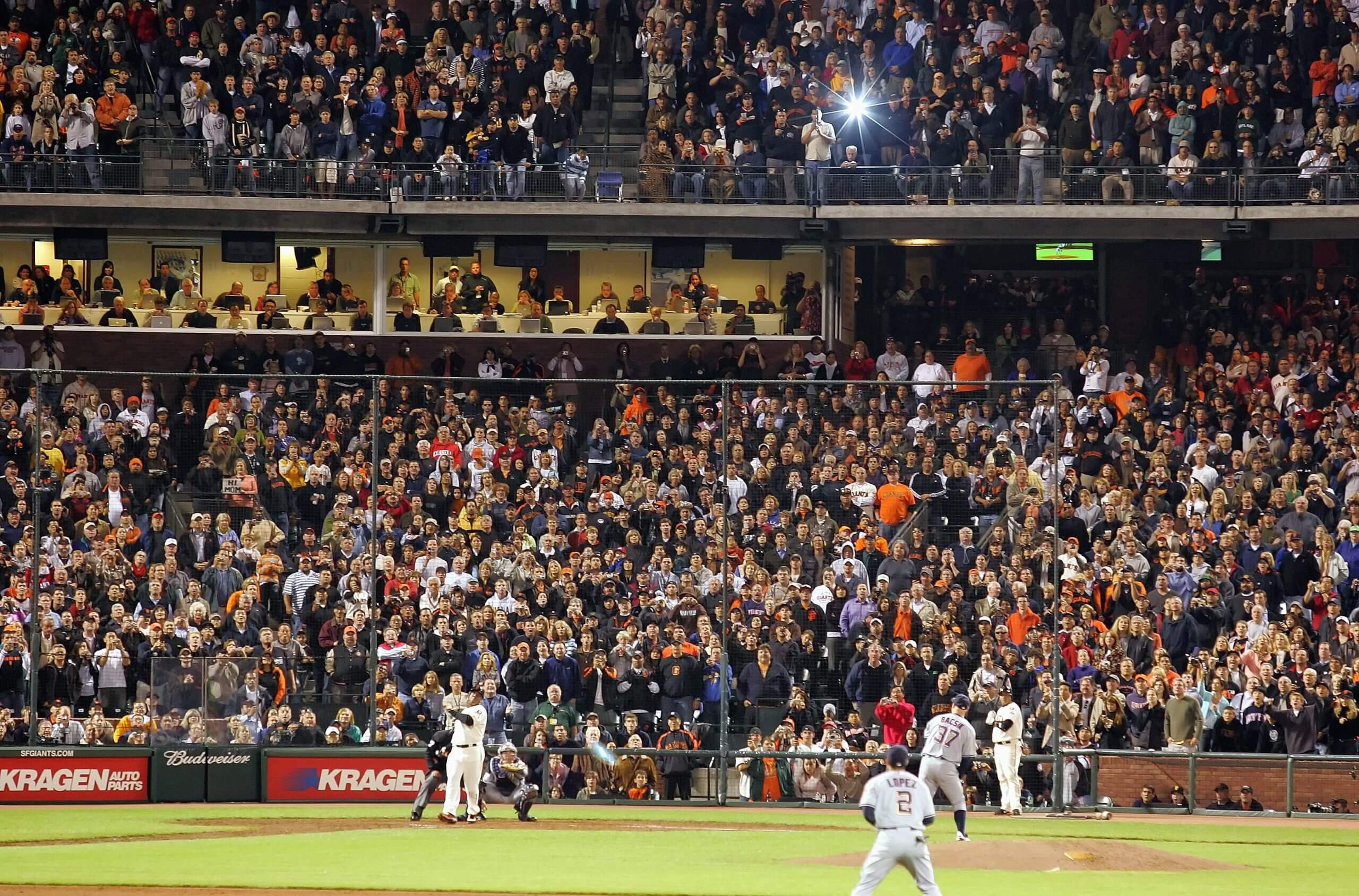 Barry Bonds #25 of the San Francisco Giants celebrates after hitting career home run #756 against Mike Bacsik of the Washington Nationals on August 7, 2007 at AT&T Park in San Francisco, California. With his 756th career home run, Barry Bonds surpasses Hank Aaron to become Major League Baseball's all-time home run leader.