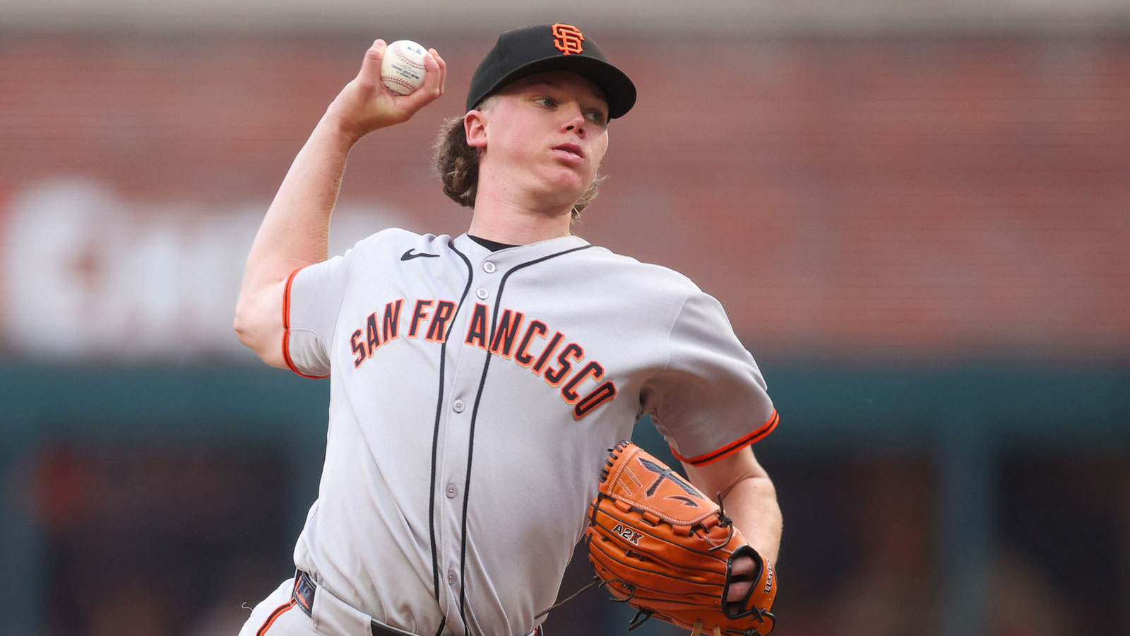 San Francisco Giants starting pitcher Hayden Birdsong (60) throws against the Atlanta Braves in the first inning at Truist Park.