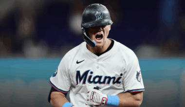 Kyle Stowers celebrates after a hit during his breakout 2025 season as extension talks with the Marlins stall.