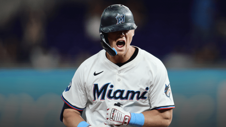 Kyle Stowers celebrates after a hit during his breakout 2025 season as extension talks with the Marlins stall.