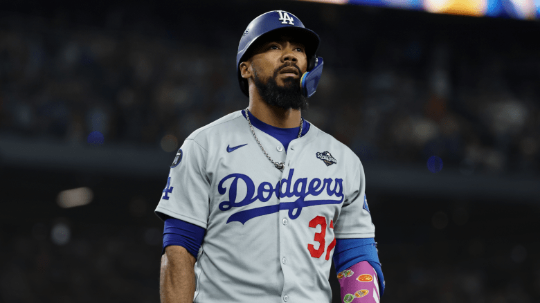 Dodgers outfielder Teoscar Hernández prepares at the plate amid growing trade interest from the Kansas City Royals.