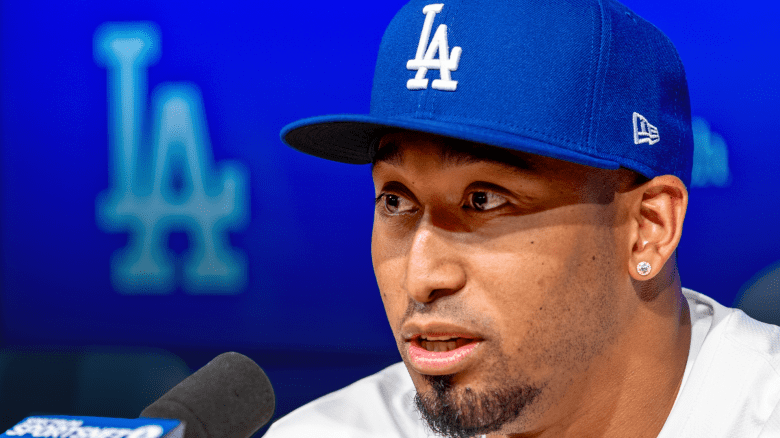 Edwin Díaz smiles at his Dodgers introductory press conference after signing a three-year, $69 million contract with deferred money and a 2029 option.