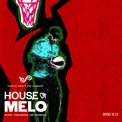 art for House of Melo exhibit: red background with depiction of Carmelo Anthony in green jacket holding basketball
