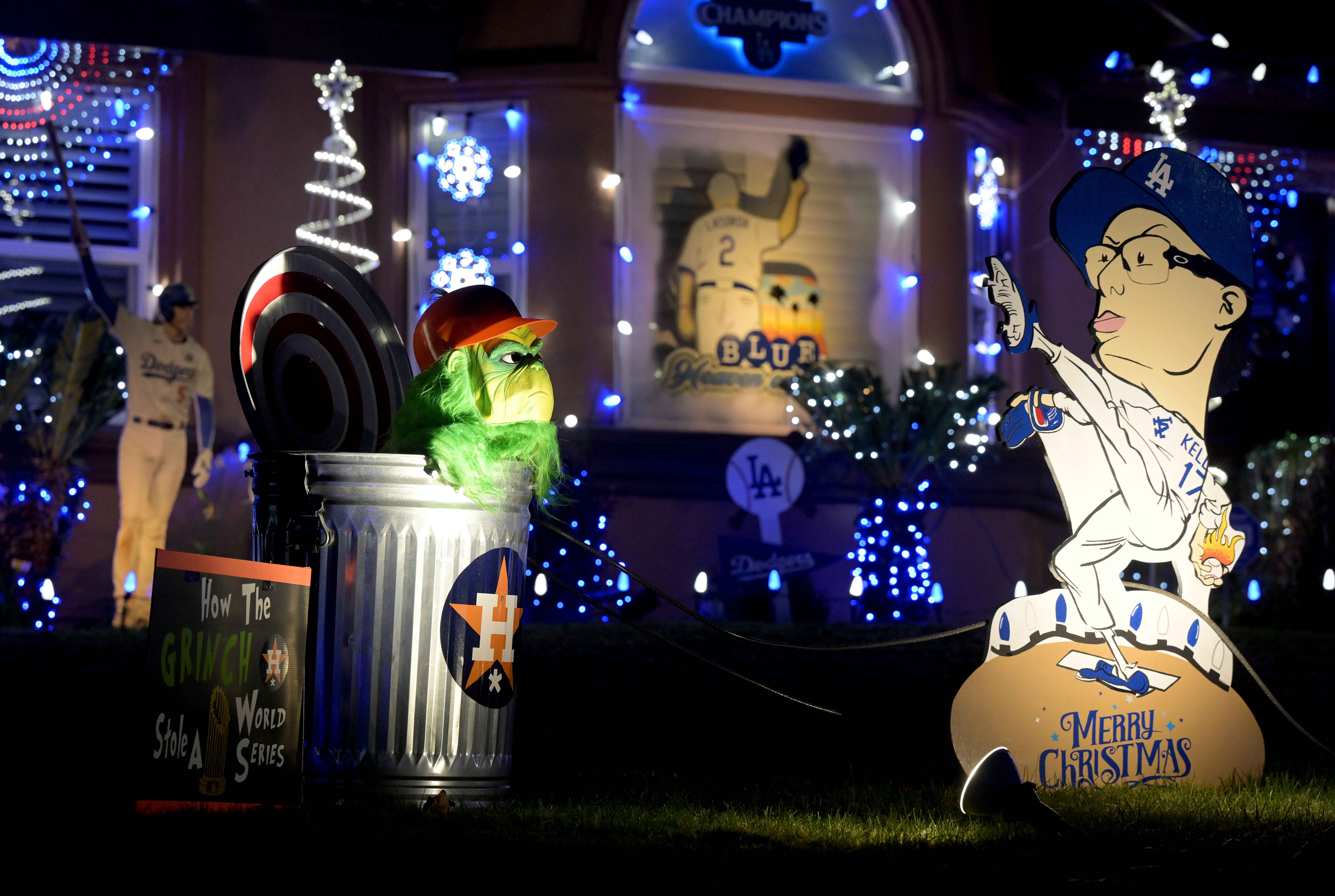 Los Angeles Dodgers-themed Christmas decorations cover the Upland front yard...