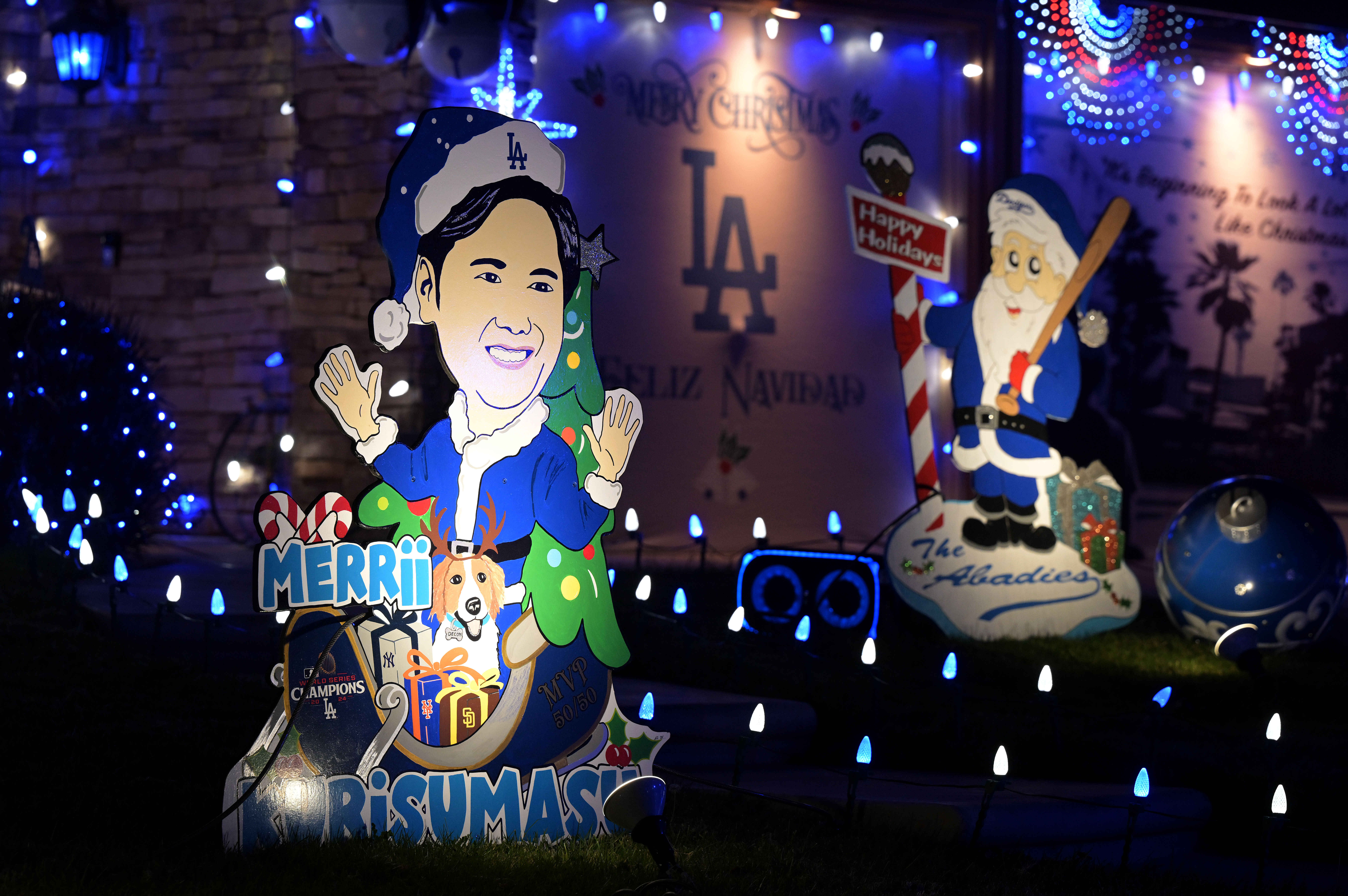 A Christmas-themed cutout of Los Angeles Dodgers player Shohei Ohtani...