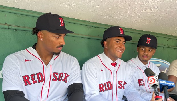 Red Sox draft picks Marcus Phillips, Kyson Witherspoon and Anthony Eyanson speak to the media at Fenway Park. (Mac Cerullo/Boston Herald)
