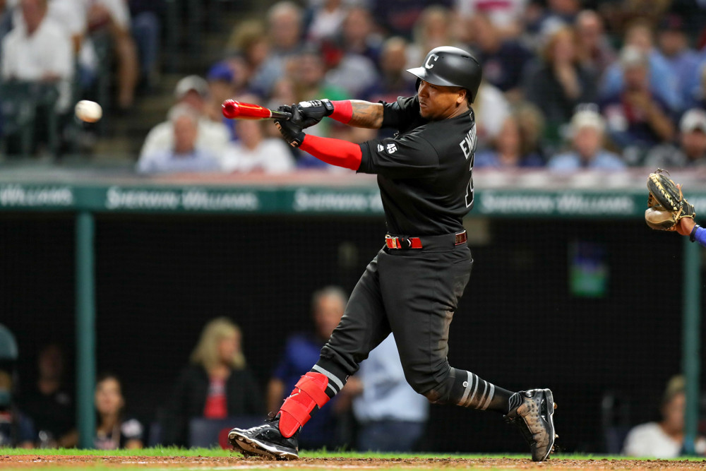 CLEVELAND, OH - AUGUST 23: Cleveland Indians third baseman Jose Ramirez (11) doubles to right during the eighth inning of the Major League Baseball game between the Kansas City Royals and Cleveland Indians on August 23, 2019, at Progressive Field in Cleveland, OH. (Photo by Frank Jansky/Icon Sportswire)