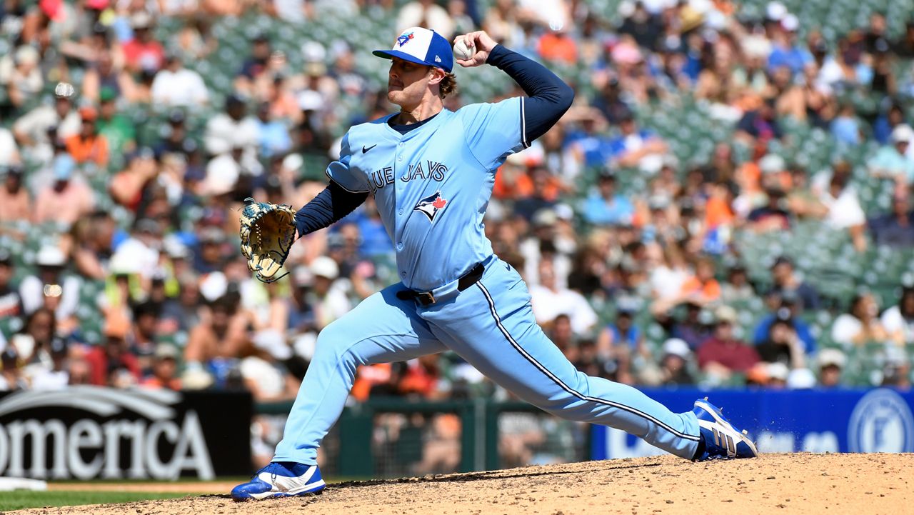 Toronto Blue Jays relief pitcher Justin Bruihl throws in the eighth inning of a baseball game against the Detroit Tigers, July 27, 2025, in Detroit.