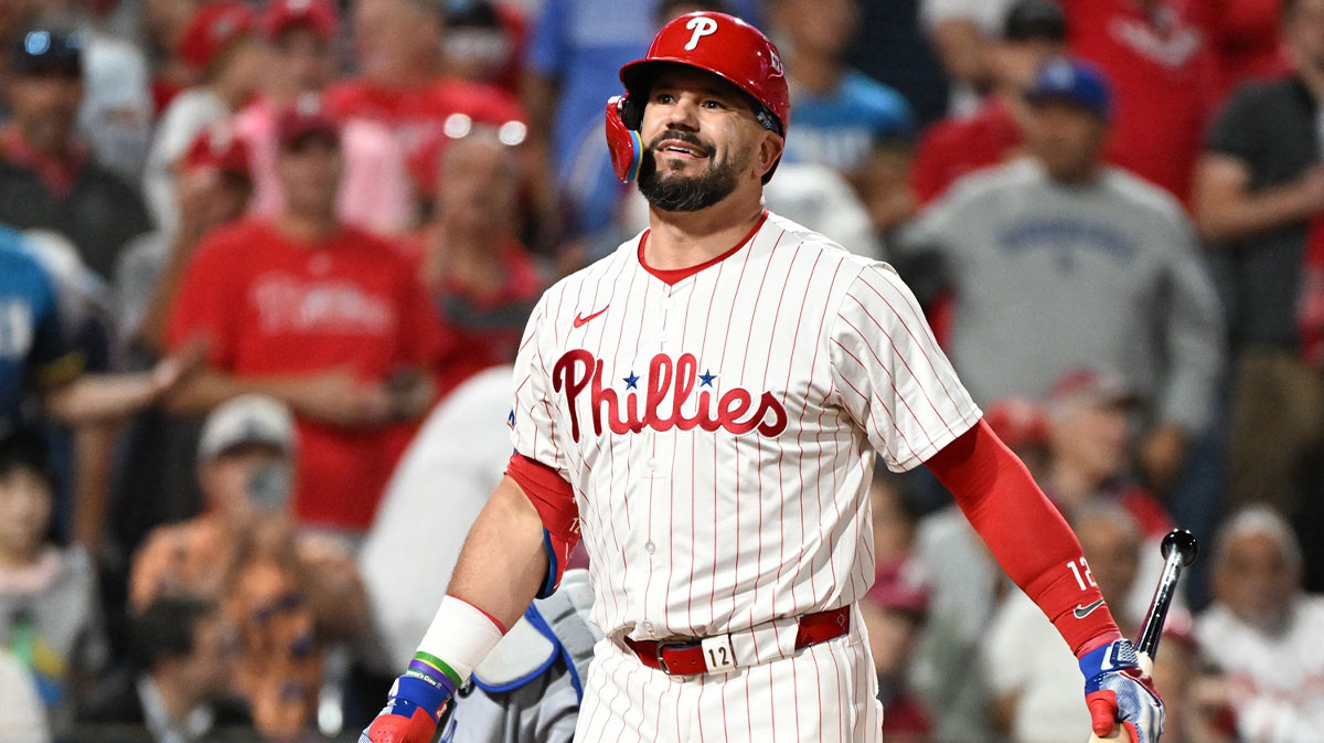 Philadelphia Phillies designated hitter Kyle Schwarber (12) reacts to striking out against the Los Angeles Dodgers in the eighth inning during game two of the NLDS round for the 2025 MLB playoffs at Citizens Bank Park.
