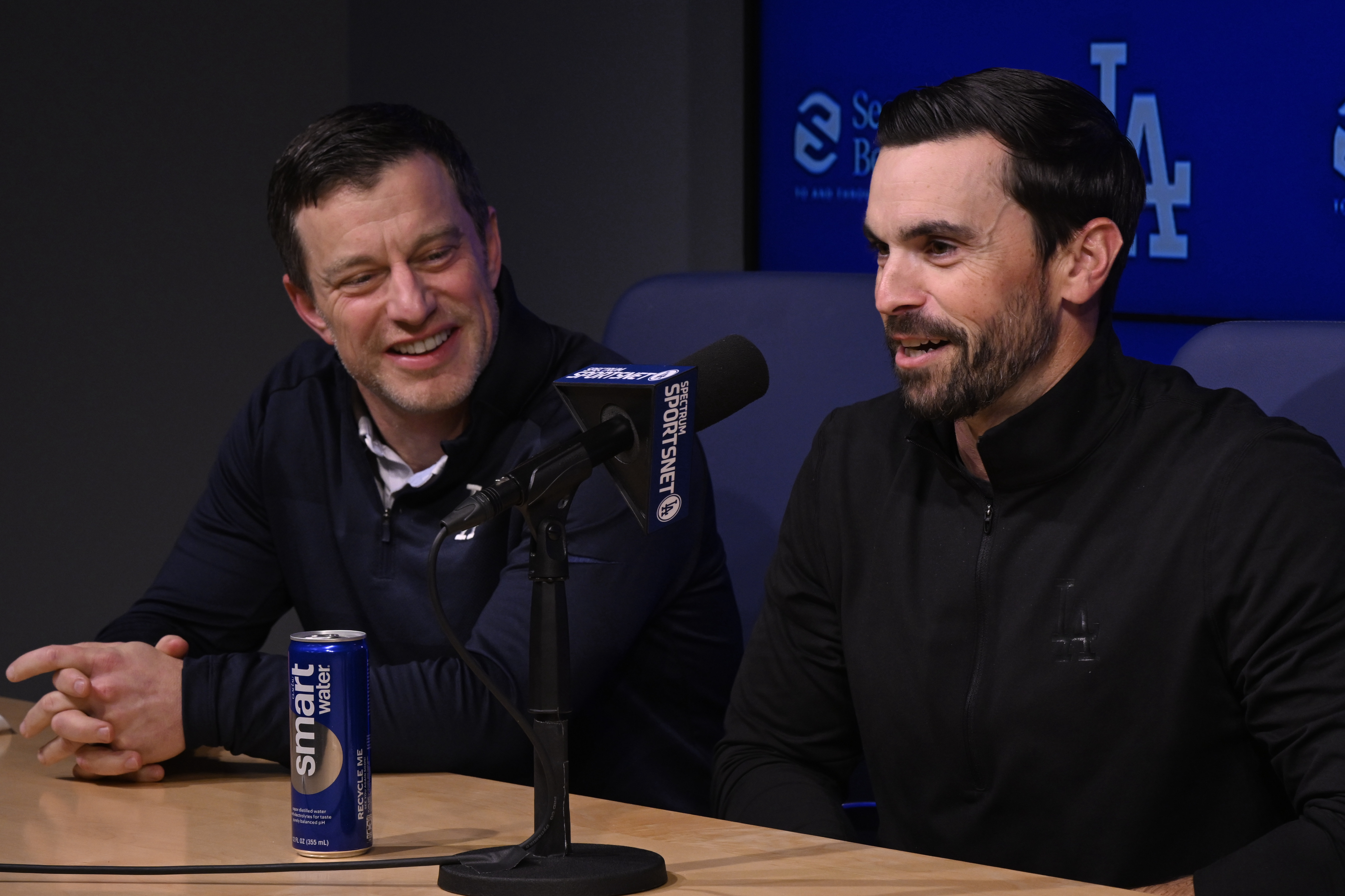 Dodgers president of baseball operations Andrew Friedman, left, and general...