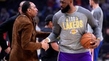 Los Angeles, CA - March 03:  LeBron James #6 of the Los Angeles Lakers greets ESPNs Stephen A. Smith prior to a NBA basketball game against the LA Clippers at the Crypto.com Arena in Los Angeles on Thursday, March 3, 2022. (Photo by Keith Birmingham/MediaNews Group/Pasadena Star-News via Getty Images)