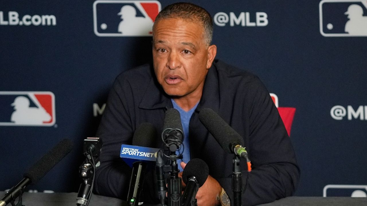 Dave Roberts, manager of the Los Angeles Dodgers, answers questions during a news conference at the MLB winter meetings, Monday, Dec. 8, 2025, in Orlando, Fla. (AP Photo/John Raoux)