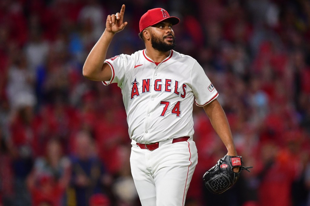 Los Angeles Angels pitcher Kenley Jansen (74) celebrates the victory against the Houston Astros at Angel Stadium.