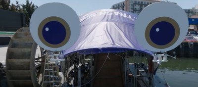 Mr. Trash Wheel's eyes are on the lookout for trash to intercept from Baltimore's harbor. Screenshot via video by Baltimore Ravens.