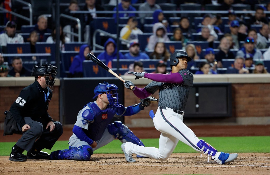 Juan Soto hits against the Dodgers at Citi Field during the 2025 season.
