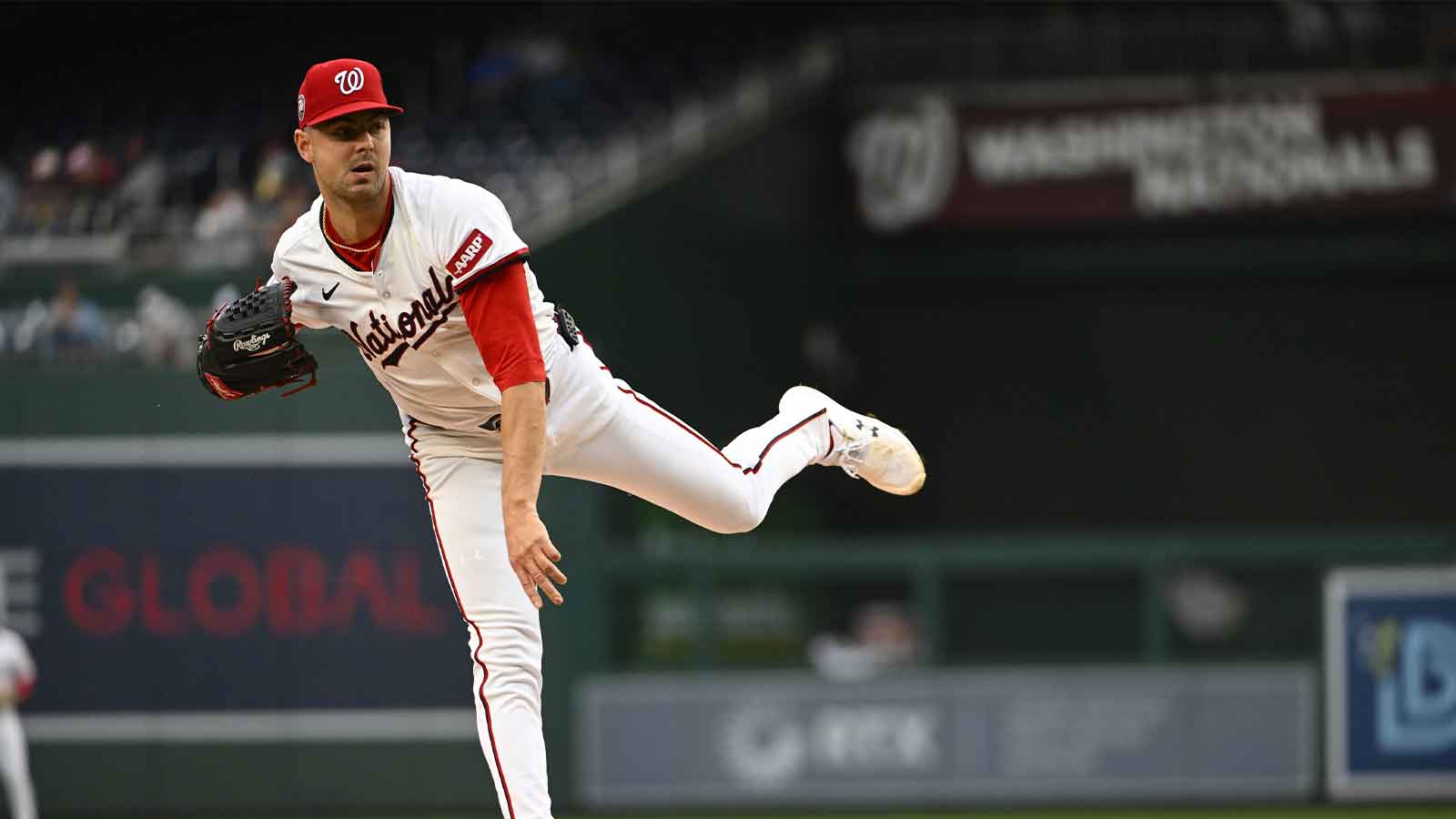 Washington Nationals starting pitcher MacKenzie Gore (1) throws to the New York Mets during the first inning at Nationals Park.