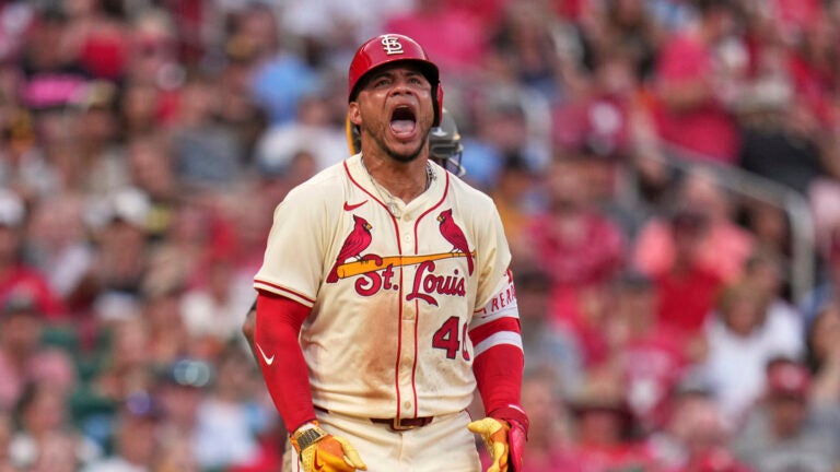 St. Louis Cardinals' Willson Contreras yells after being hit by a pitch during the fourth inning of a baseball game against the San Diego Padres Saturday, July 26, 2025, in St. Louis.